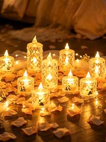 24pcs LED Electronic Candle Lights With Rose Pattern Halo Projection - Flameless, Battery Operated Mini Candles For Wedding, Valentine's Day, Halloween, Christmas And Cozy Home Decor, Wedding Atmosphere Lighting | Decorative LED Lights | Textured Surface Lights - Candle Light - View 1