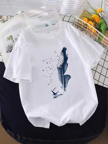 Plus-Size T-Shirt With Letter Print, Casual Short-Sleeved Top With A Round Neck, Suitable For Wear In Spring And Summer, Plus-Size Clothing. - 白色 - 查看 1