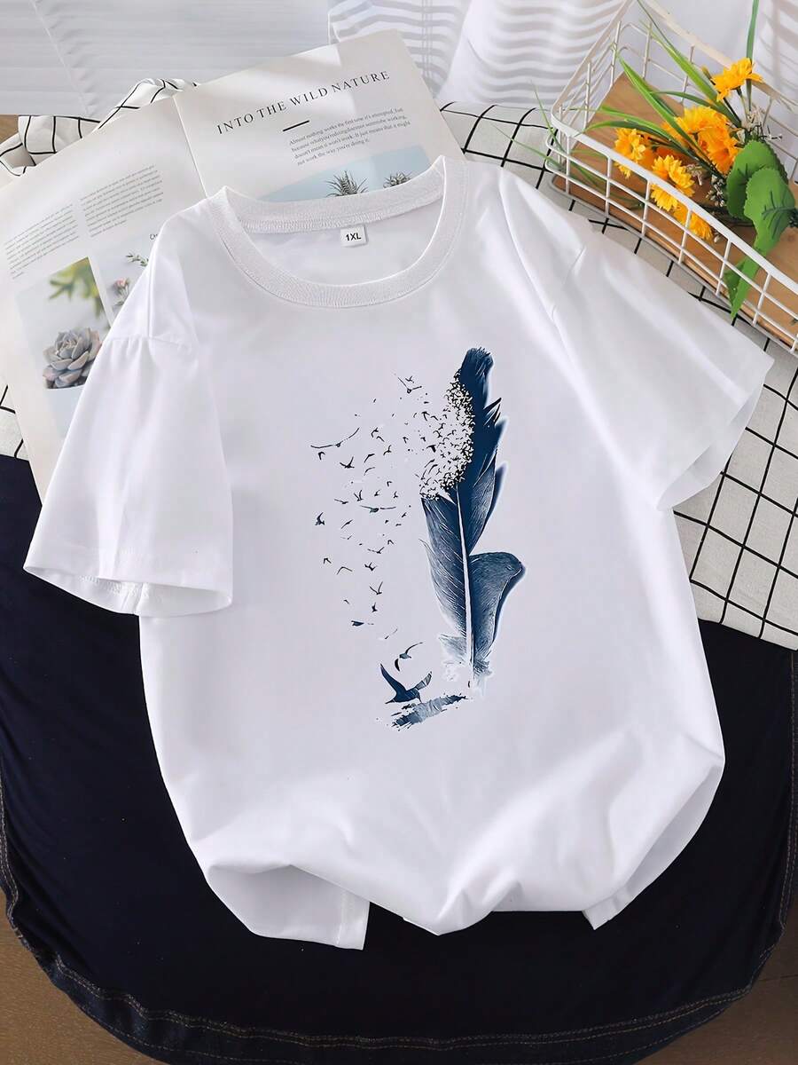 Plus-Size T-Shirt With Letter Print, Casual Short-Sleeved Top With A Round Neck, Suitable For Wear In Spring And Summer, Plus-Size Clothing. - 白色 - 查看 1