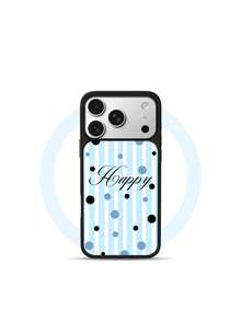 Personalized Blue Striped Large & Small Polka Dot Random Dot Letter "HAPPY" Black Frame Phone Case - Compatible With Phone 17 Pro Max, 17 Pro, 17, 16 Pro Max, 16 Pro, 16, 15 Pro Max, 15 Pro, 14 Pro Max, 14 Pro, 14, 13 Pro Max, 13 Pro, 13, 12 Pro Max, 11, Phone Protective Cover - Multicolor - View 2
