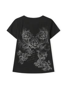 Women Vintage Graphic Print Tee Short Sleeve T-Shirts Y2K Fairy Grunge Round Neck Shirts Summer Gothic Slim Fit Crop To 2000s Aesthetic E-Girls Shirt - 黑色 - 查看 7
