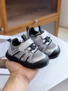 Infant Colorblock Functional Walking Shoes, Closed-Toe Anti-Kick Breathable Mesh Soft Sole Non-Slip Baby Hook And Loop Sports Shoes - Grey - View 1