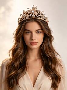 1pc European & American Bridal Fashion Exquisite Moon Rhinestone Crown, Suitable For Women's Wedding Party Hair Accessory, Princess Birthday Party, Halloween Cosplay Hair Accessory, Performance Costume Accessory Crown - Gold - View 3