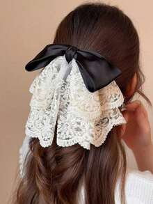 2pcs/1pc Elegant Solid Color Lace Hair Claw, Minimalist Satin Bow Hair Clip, Preppy Style Fashion Hair Accessory, Suitable For Women's Daily, Casual Wear And Outfit Matching - Multicolor - View 4