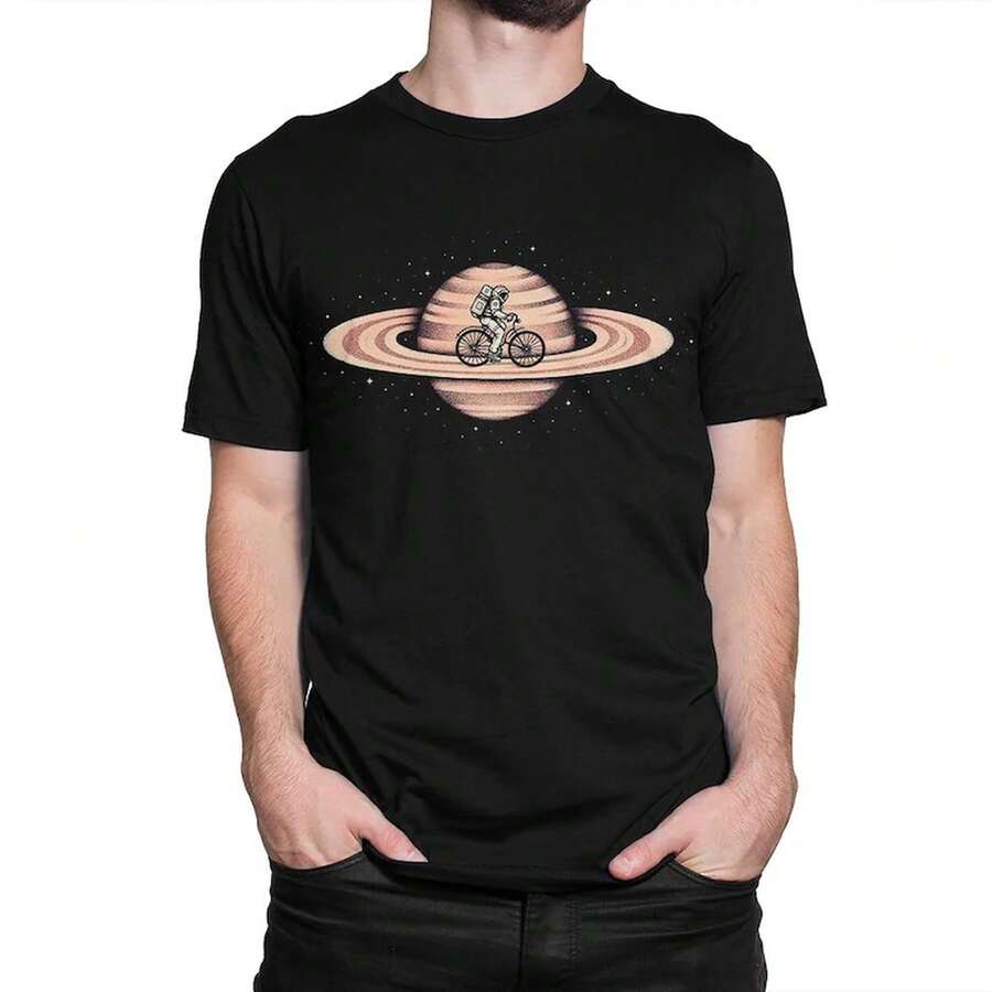 Camiseta Astronauta en Bicicleta Saturno, Tallas para Hombre y Mujer - Negro - Ver 1
