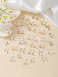 30 Pairs Exquisite Minimalist Star, Heart, Cherry, Flower Earrings Set For Women, Dating Stud Earrings Gift - Yellow Gold - View 2