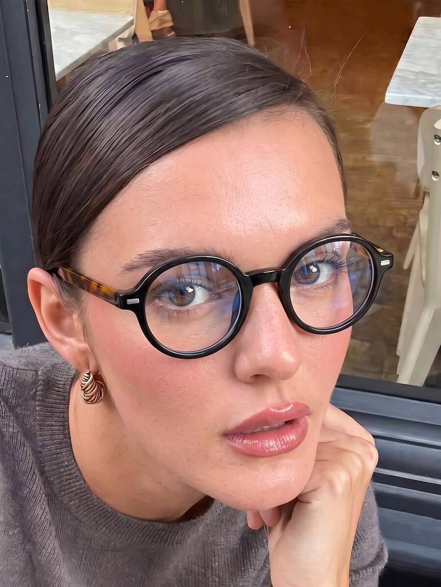 1 Pair Women's Round Frame Personalized Rivet Leopard Print Leg Fashion Decorative Non-Prescription Glasses - Black Frame Leopard Print - View 1