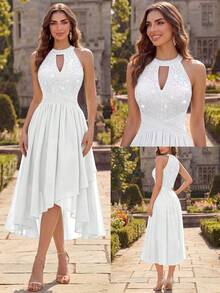 MIUSOL Sequin Floral Lace Halter Neck Sleeveless Ruched Chiffon Prom Homecoming Dress, Spring/Summer Dress Elegant White - White - View 3