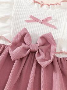 Baby Girl Autumn New Dress, Sweet & Cute Bow, Ruffle, Lace, Round Neck, Long Sleeve Dress, Suitable As Gift, For 6-9M, 1-3Y - White - View 4