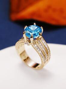 1 buah Cincin Wanita Bertema Kubik Zirkonia, Cocok untuk Pernikahan, Pertunangan, dan Hadiah Hari Valentine - Kuning keemasan + biru laut - View 3