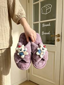 Women's Plush Cross Strap Open Toe Slippers, Cute Cartoon Bear & Cherry Decor, Fluffy Soft Comfortable, Indoor Bedroom Home Shoes - Style B - Purple - View 3