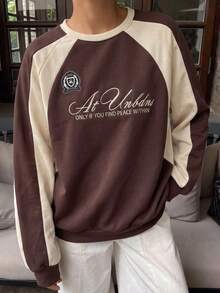 1pc Girls' College Style Colorblock Crew Neck Sweatshirt, Spring/Autumn Letter Print Long Sleeve Top - Brown - View 2