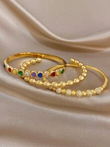1Pc/Set Luxury Elegant Heart Multi Color Zirconia Bangle Round Gold Bead Bracelet,Dainty Gold Jewelry For Women,Party,Daily,Christmas, Valentine/Y2K - Multicolor - View 7