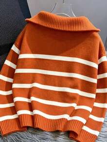 Autumn/Winter New Zipper Women Striped Knit Sweater, Fashion Minimalist Pullover, Versatile - Orange - View 2