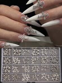 24-Grid Box/120pcs Bulk Mixed Vintage Rhinestone Cross Metal Nail Art Charms, Punk Style Silver Cross 3D Nail Decor Accessories DIY Rhinestone Decoration Set - Multicolor - View 1