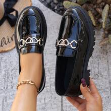 Women's Heart Chain Rhinestone Patent Leather Thick Sole Loafers, Height-Increasing Non-Slip Chunky Sole Slip-On Casual Commute Shoes, Preppy Style - Black - View 10