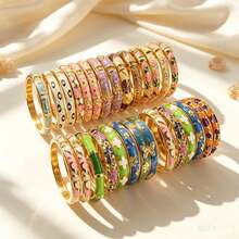 5/3/1pc Random Color & Style Vintage Boho Enamel Floral Leaf Bracelet Set Elegant Multicolor Metal Bangle Statement Jewelry For Women - Multicolor - View 1
