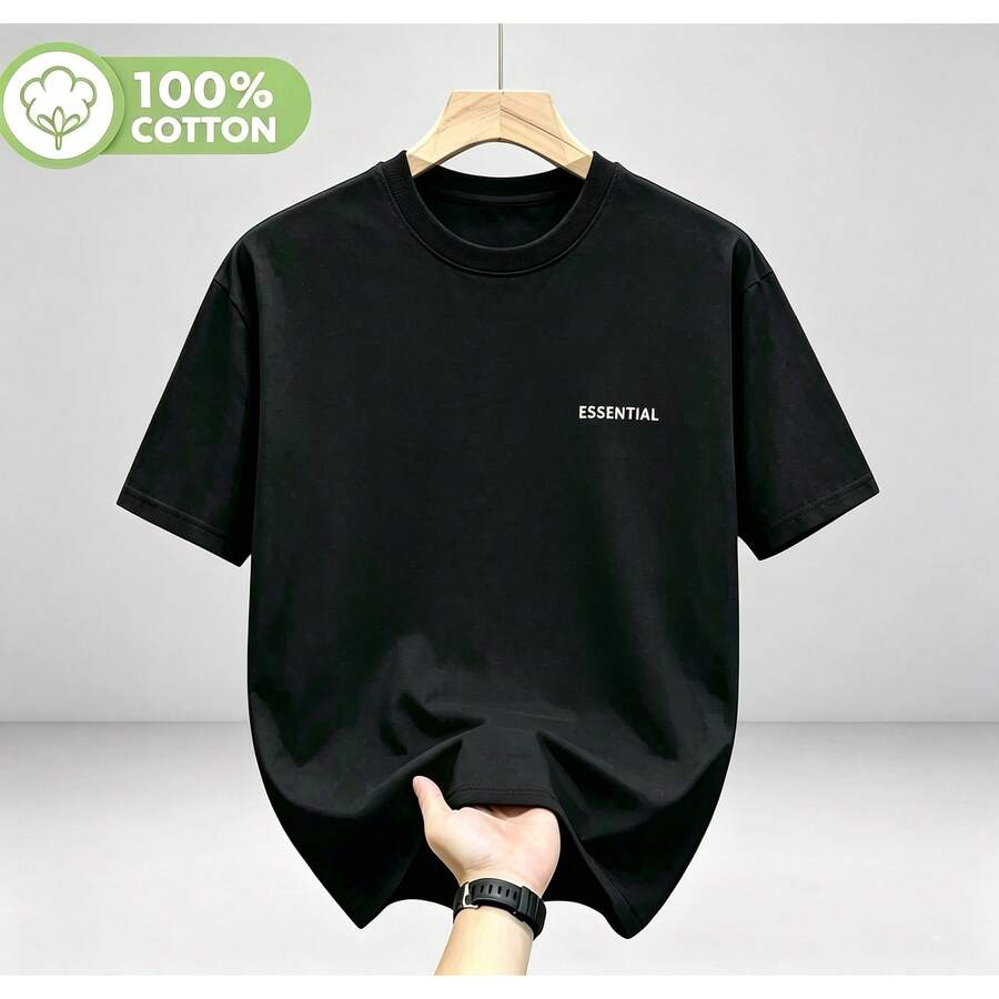 [24h From DE/FR/]% Cotton Essential Small Letter Print Tee, Minimalist Chest Text Design, Soft Basic Casual Top IENT - A - 查看 1