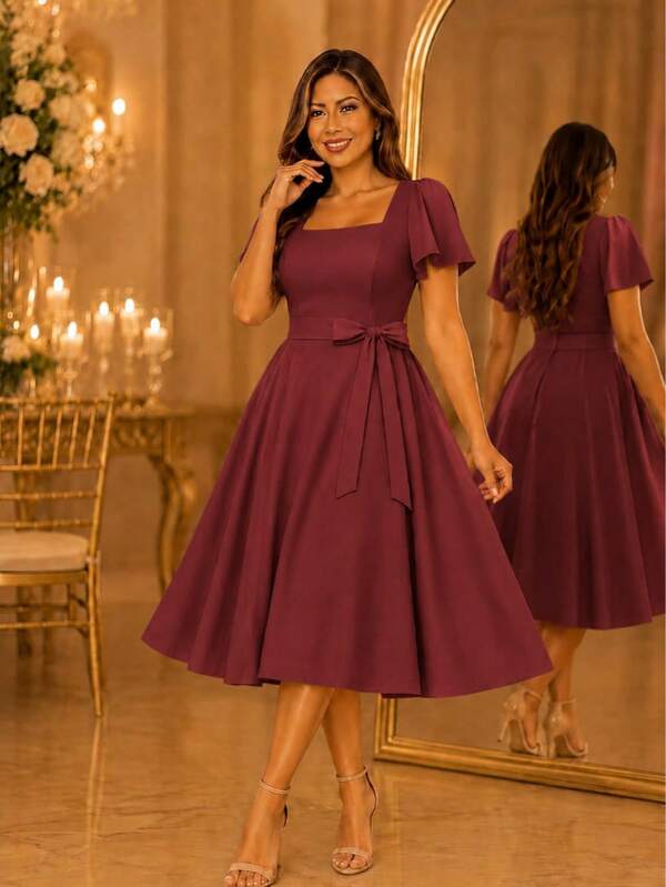 Vestido Midi Feminino em Tecido Duna Linho com Faixa Ajustável nas Laterais, Lastex nas Costas, Manga Curta e Saia Rodada Elegante elegante Casual Com cinto Casamento