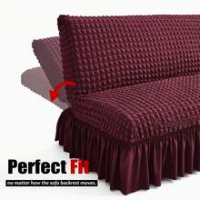 1Pc Stretch Sofa Bed Cover With Ruffled Skirt, Elastic One-Piece Slipcover, Soft Polyester-Spandex Fabric, Machine Washable Furniture Protector For Living Room&Guest Bed - Burgundy - View 5