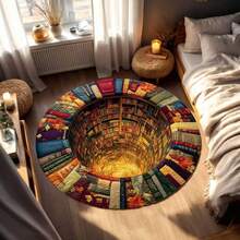 Library Books Round Rug 3D Optical Illusion Reading Room Carpet Readers - White - View 4