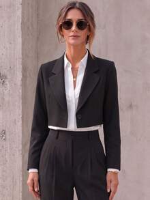 Women's Elegant Black Short Blazer, Long Sleeve Design; Fashionable Woven Fabric Blazer For Autumn - Black - View 6