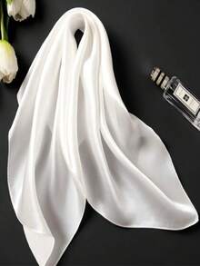 1Pc Soft Solid Color Minimalist Polyester Silk-Like Square Scarf, Headband, Hair Tie, Ideal For Styling - White - View 9
