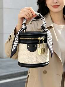 Summer Versatile Premium Niche Crossbody Bag For Women, New Color-Block Woven Texture Bucket Bag - Beige - View 9