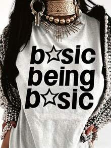 Plus Size Women 100% Cotton Crew Neck Tee, Basic Being Basic Star Letter Print, Casual Summer Short Sleeve For Commute Outing Vacation Daily Wear - 灰色 - 查看 11