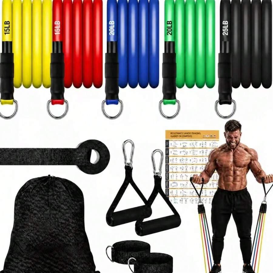 11-Piece Home Fitness Resistance Band Set, Made Of Durable Latex Tube Material; Complete Portable Accessory Kit Includes Door Anchor And Ankle Straps, Suitable For Strength Training. The Product Features Convenient Training, Excellent Elasticity, Sturdy And Durable Latex Material, And Versatile Applications