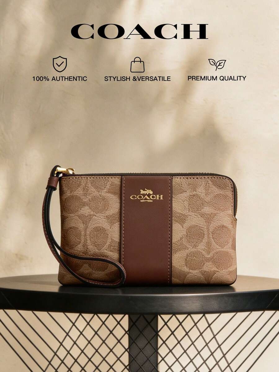 Coach Women's Diagonal Zipper Wristlet Wallet, Striped Logo Canvas Clutch Handbag