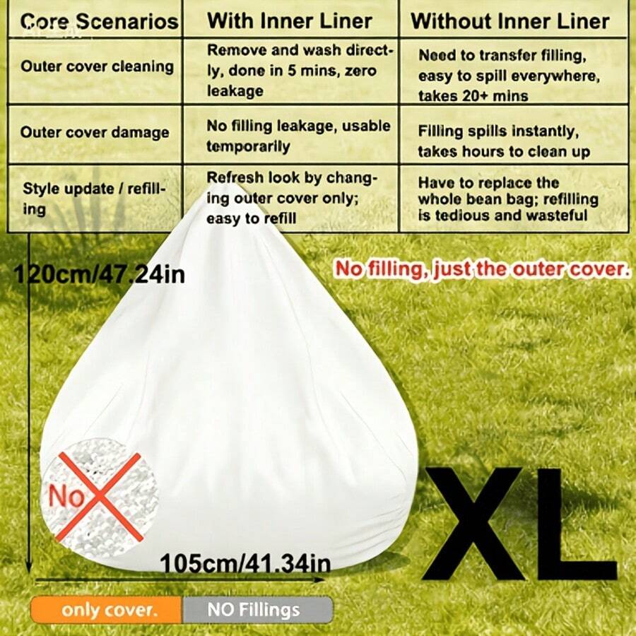 Bean Bag Chair Cover Inner Liner | Detachable Zipper, Easy To Clean, Made Of Ultra-Fine Fiber Material, No Filling, Available In Two Sizes, Suitable For Living Room And Bedroom, Ergonomic Design, Suitable For Adults And Teenagers. - Large 105*120cm (XL) - View 1
