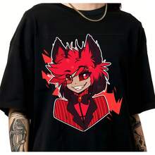 Alastor Chibi Character T-Shirt Cartoon Anime Cute Style Unisex Casual Tee. - 黑色 - 查看 1