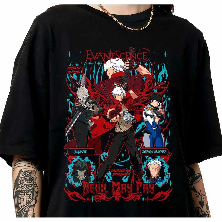 Dante Anime Graphic T-Shirt Retro Game Hip Hop Unisex Oversized Streetwear Tee. - 黑色 - 查看 1