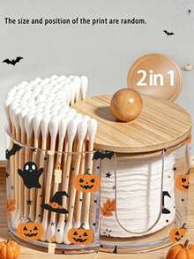 迷你萬聖節主題 2 合 1 竹蓋塑膠收納盒，印有幽靈與南瓜圖案，雙圓孔桌面化妝收納架，適用於化妝刷、美容工具組、化妝收納、梳妝台配件、化妝包，送給女性的創意禮物（迷你尺寸） - 彩色 - 查看 1