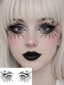 6pcs Gothic Spider Web Face Eyeliner Temporary Tattoo Stickers, Waterproof Halloween Bat Temporary Tattoos, Realistic Eyeshadow Makeup Stickers, Suitable For Halloween Party Holiday Cosplay Accessories - Black - View 5