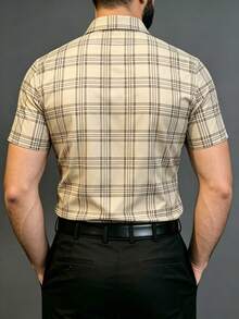 British Style Khaki Plaid Short Sleeve Shirt, Men's Slim Fit Office Casual Top - Khaki - View 4