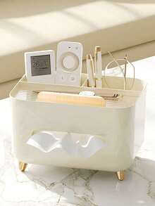 Minimalist Cream Color Rectangular Design, Gold Legs, Divided Large Capacity, Multi-Functional Remote Control Storage Desktop Organizer Box, Home Tissue Box, Suitable For Living Room, Bedroom, Office, Coffee Table, Christmas, Housewarming Gift - Multicolor - View 1