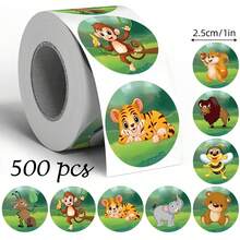 500pcs Cartoon Doodle Roll Stickers 1 Inch Round 3 Theme Options [Jungle Animals / Colorful Fruits / Construction Vehicles]Bright Colors Playful Style For Water Bottles, Pencil Cases, Picture Books, Storage Boxes, Snack Containers Labeling, Teacher Classroom Reward Stickers - Multicolor - View 11