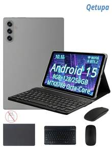 Qetupa Tablet Android 15 10,1 inci dengan casing pelindung, keyboard, dan mouse; RAM 8GB + ROM 128GB/256GB (dapat diperluas hingga 1TB melalui kartu SD); layar sentuh IPS HD (1280x800); kamera depan 5MP dan kamera belakang 13MP; baterai 6000mAh (pengisi daya tidak termasuk). - Grey - View 1