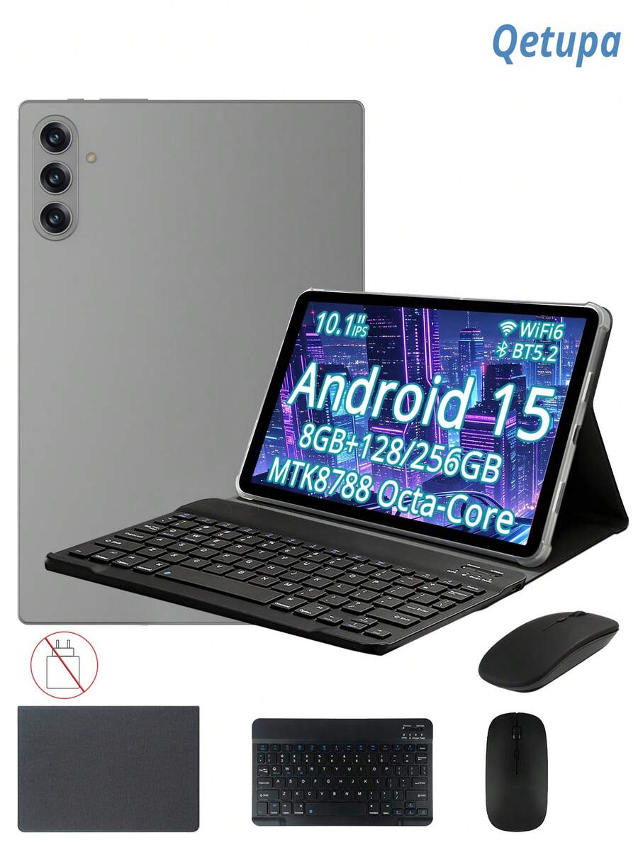 Qetupa Tablet Android 15 10,1 inci dengan casing pelindung, keyboard, dan mouse; RAM 8GB + ROM 128GB/256GB (dapat diperluas hingga 1TB melalui kartu SD); layar sentuh IPS HD (1280x800); kamera depan 5MP dan kamera belakang 13MP; baterai 6000mAh (pengisi daya tidak termasuk). - Grey - View 1