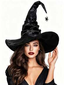 1pc Halloween Women Witch Hat,Devil Spider Wizard Hat,Black Ruched Crooked Wicked Witch Cap For Costume Cosplay Party Halloween Party Favors Party Favors Trick-Or-Treat And Activities Halloween Party Favors Supplies Activities Games Gifts. - A - View 1
