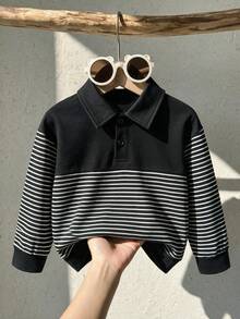 Boys' Colorblock Striped Polo Shirt With Collar, Long Sleeve, Autumn/Winter Style, New Casual Fashion Street Retro Preppy Look, Suitable For Back To School & Graduation, Commuting, Social Gatherings, Daily Wear - Black - View 2