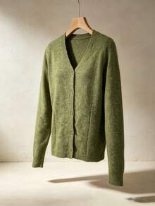 15% Wool Sweater, Women's Solid Color Minimalist Loose Knit Cardigan, Button Round Neck Versatile Sweater, Suitable For Daily Commute, Street Style Outfit - Green - View 9