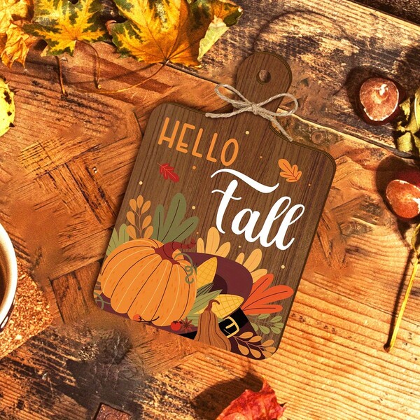 2D Flat, 1pc Hello Autumn Wooden Sign - Vintage Farmhouse Decor Plaque With Autumn Leaves, Pumpkin And Corn Design, Suitable For Thanksgiving, Home And Kitchen Decoration 2D Flat Desktop Display, Seasonal Home Decor | Rustic Farmhouse Style | Natural Wood Finish, Home Autumn Decoration New Year Gift
