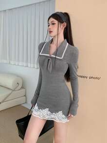 New Women's Spring/Autumn Sexy Style Turn-Down Collar Bow Hem Contrast Lace Fitted Bodycon Long Sleeve Knit Dress - Grey - View 4