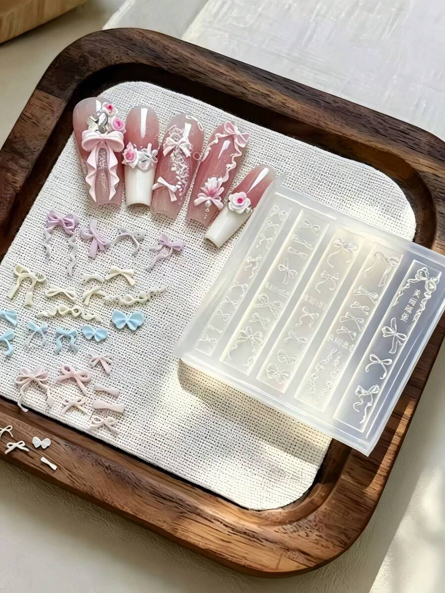 1件珍珠蕾絲蝴蝶結蝴蝶領結 3D裝飾 DIY美甲矽膠模具 - 無色 - 查看 1