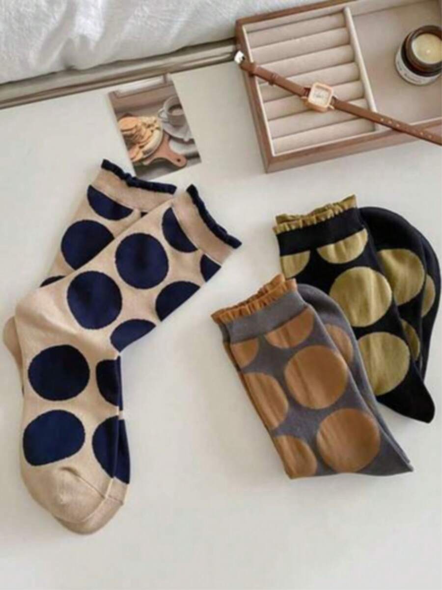 3 Pairs Polka Dot Pattern Mid-Calf Socks, Suitable For Daily Wear - Multicolor - View 1