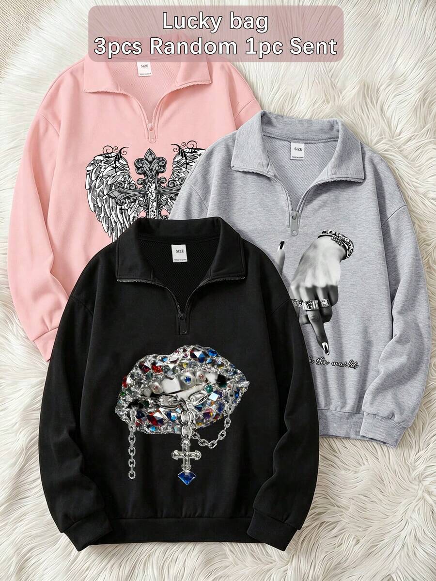 [Random 3pcs Send 1pc] Y2K Vintage Teen Girls Half-Zip Sweatshirt, Shiny Hand Gesture Print Soft Autumn/Winter Streetwear Top - Grey - View 1