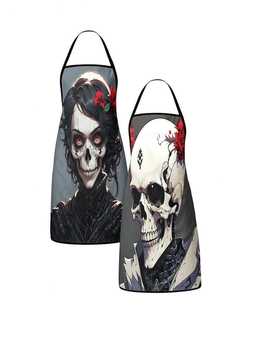 2pcs Men's And Women's Skull Halloween Aprons, Suitable For Daily Kitchen Use, Living Room, Dining Room, Outdoor Barbecue Parties, Festival Decorations, And An Excellent Gift For Others - Multicolor - View 1